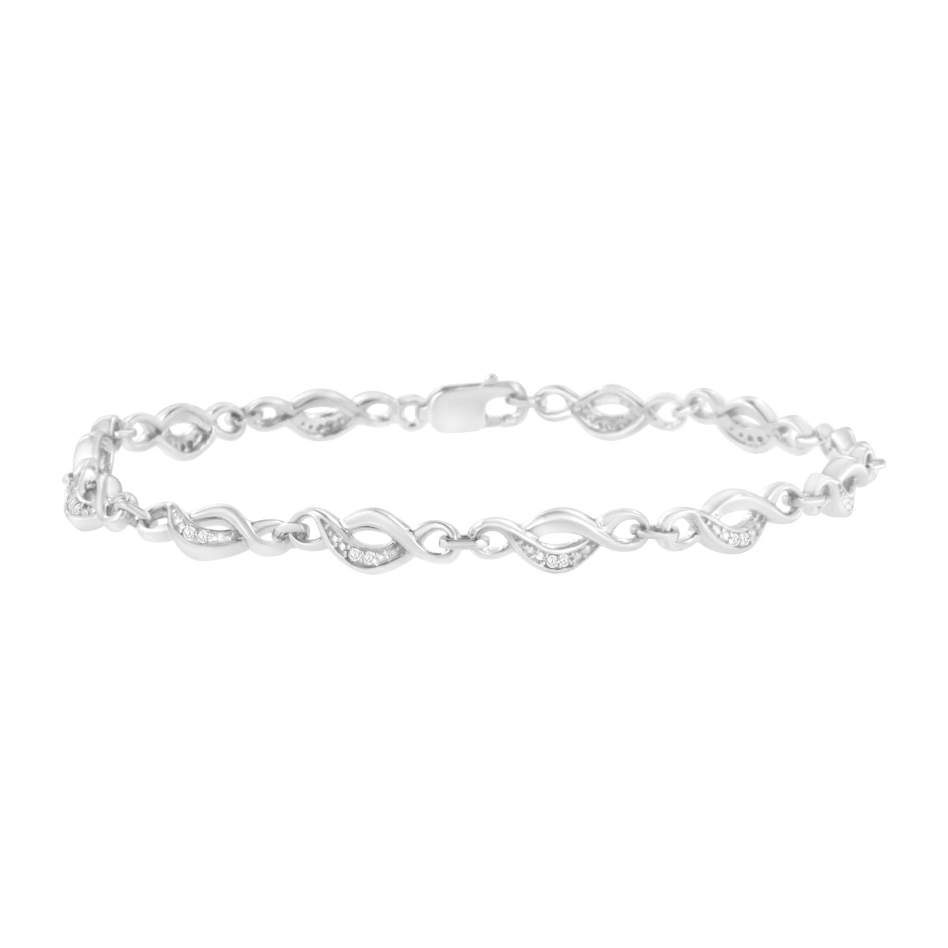 White metal bracelet with twisted links, each adorned with small white gemstones, shown from a front angle on a white background.