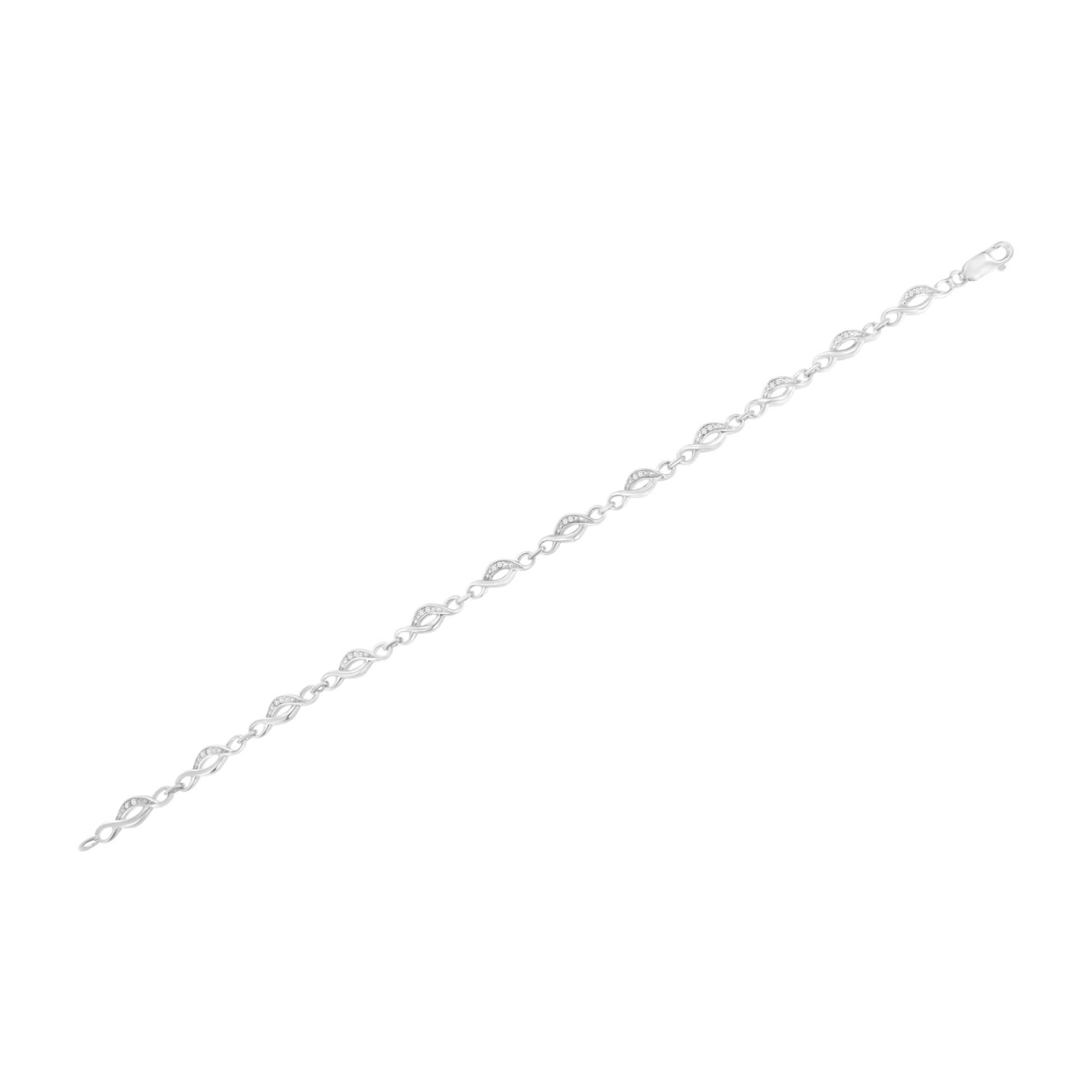White metal bracelet with alternating infinity-shaped links adorned with round white gemstones, shown at a slight angle on a white background.
