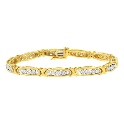 Yellow bracelet with alternating oval links set with two sizes of round white gemstones in a miracle setting, shown from the front at a slight angle.