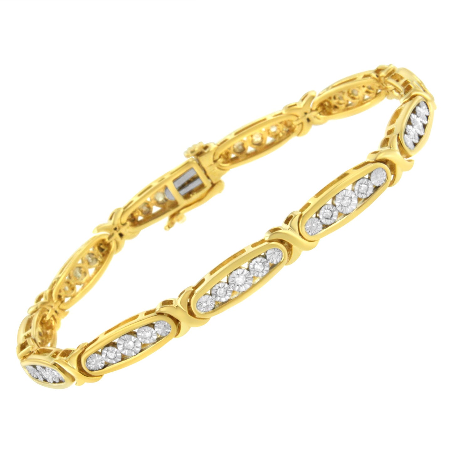 Yellow metal bracelet with sections of white round gemstones in miracle settings, shown at an angled top view.