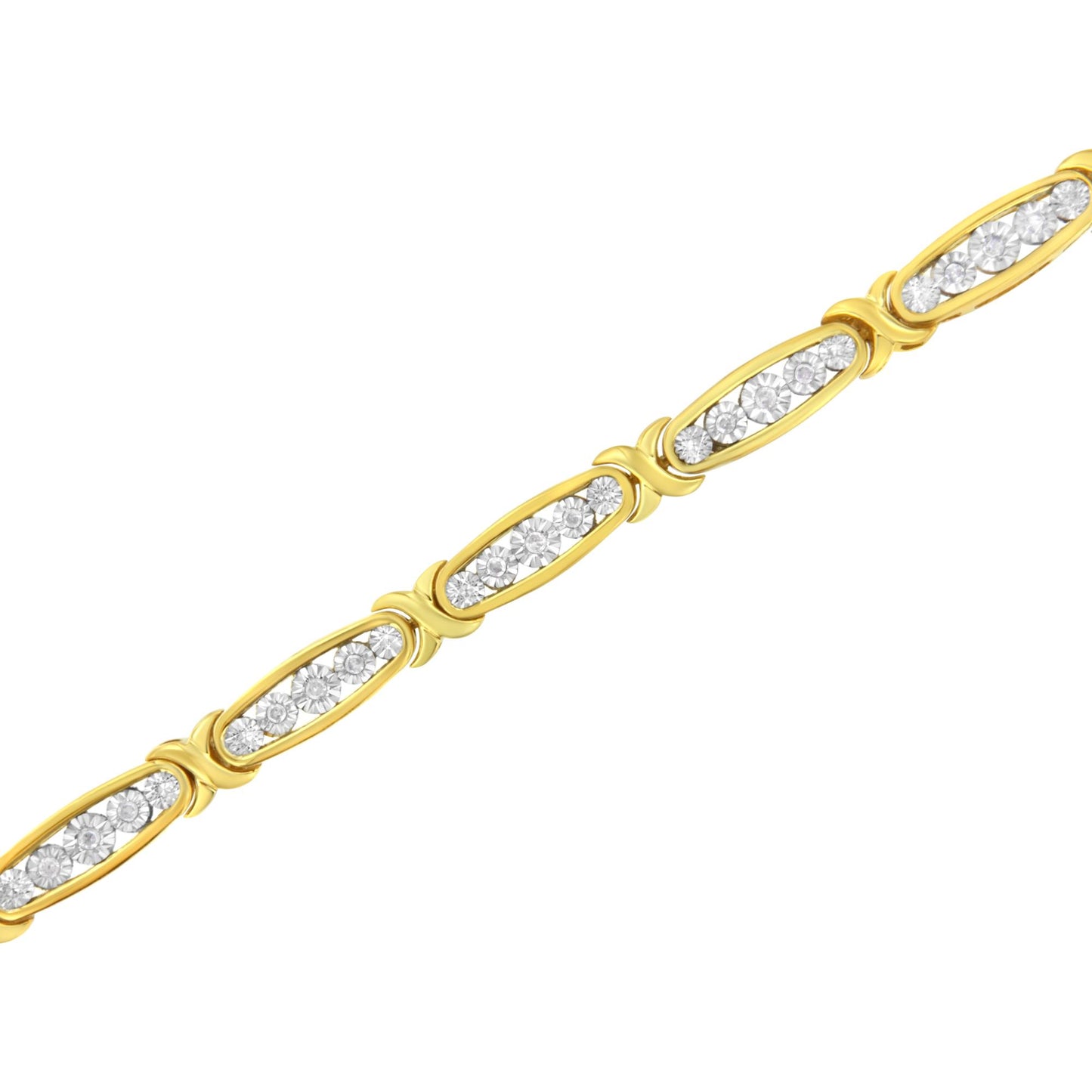 Diagonal close-up of a yellow metal bracelet featuring linked elongated oval segments with multiple round white gemstones set inside each segment.