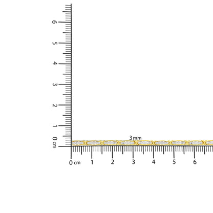 Close-up image of a yellow bracelet with multiple links, each adorned with white round gemstones in miracle settings, displayed flat on a ruler for size reference.