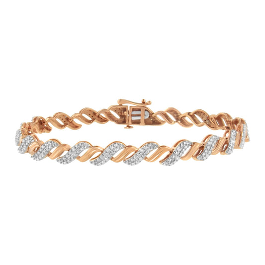 Rose-colored bracelet with twisted design featuring alternating sections of smooth metal and white gemstones, shown in a front-facing angle.