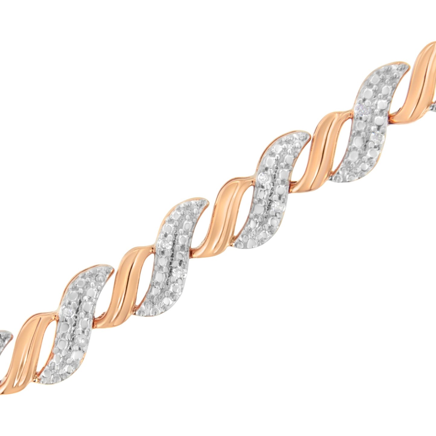 Diagonal close-up of a rose metal bracelet with alternating smooth twisted links and curved links adorned with round white gemstones in prong settings.
