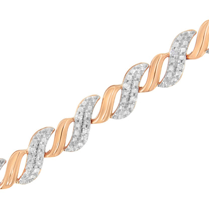 Diagonal close-up of a rose metal bracelet with alternating smooth twisted links and curved links adorned with round white gemstones in prong settings.