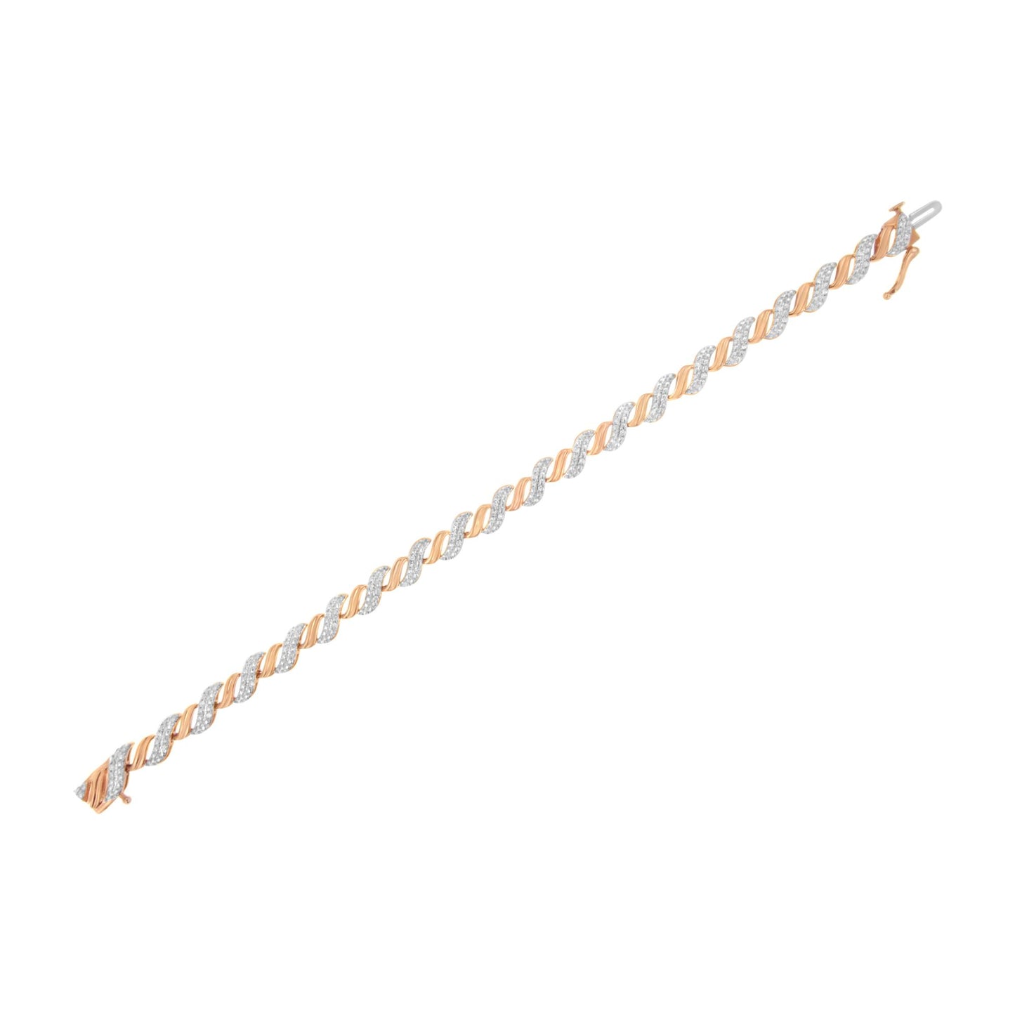 Rose metal bracelet with alternating twisted links featuring white round prong-set gemstones, shot from above at a slight angle.