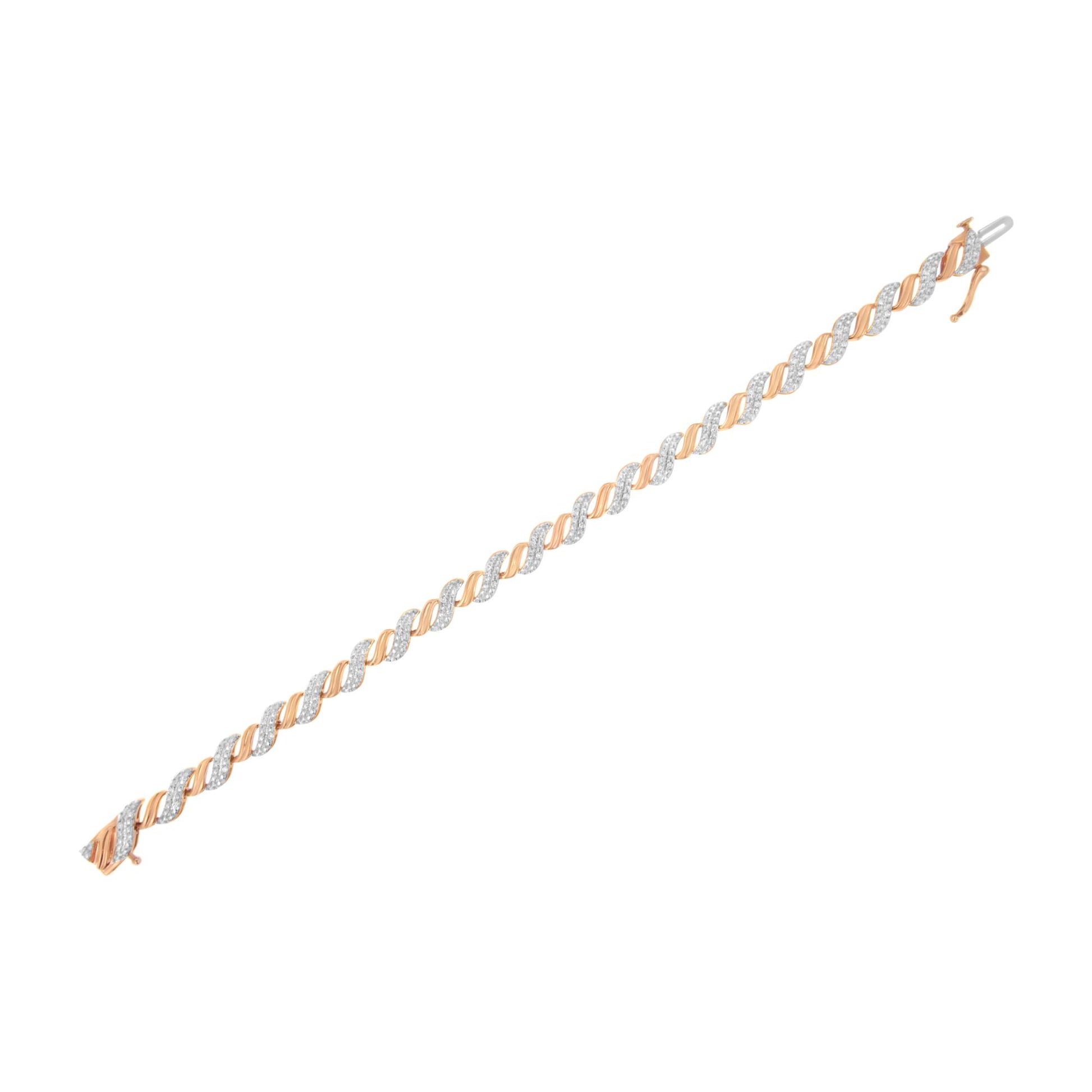Rose metal bracelet with alternating twisted links featuring white round prong-set gemstones, shot from above at a slight angle.