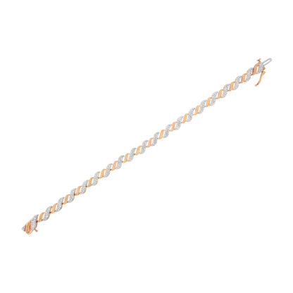 Rose metal bracelet with alternating twisted links featuring white round prong-set gemstones, shot from above at a slight angle.