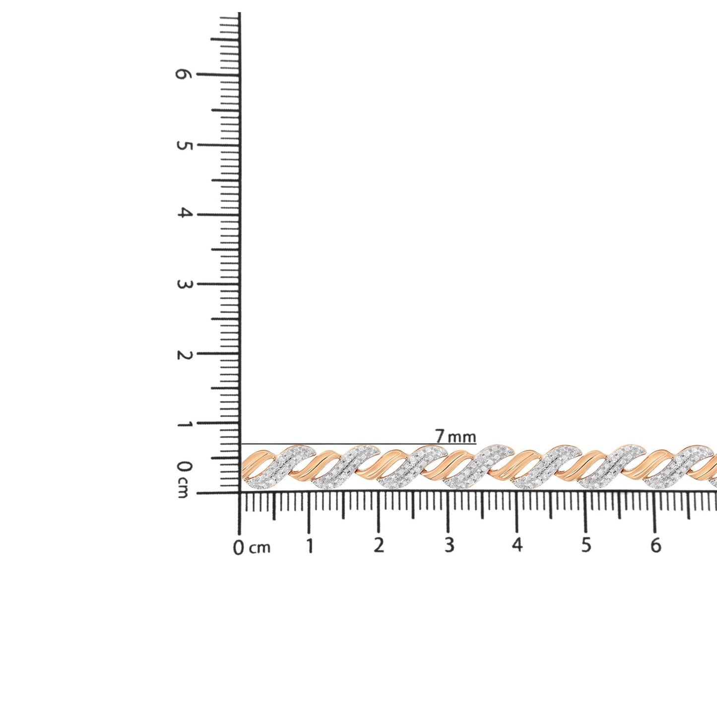 Close-up front view of a rose-colored bracelet with alternating smooth and white gemstone-studded twisted links, placed on a ruler for size reference.