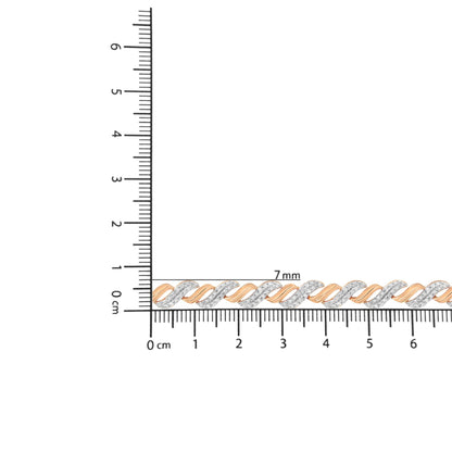 Close-up front view of a rose-colored bracelet with alternating smooth and white gemstone-studded twisted links, placed on a ruler for size reference.