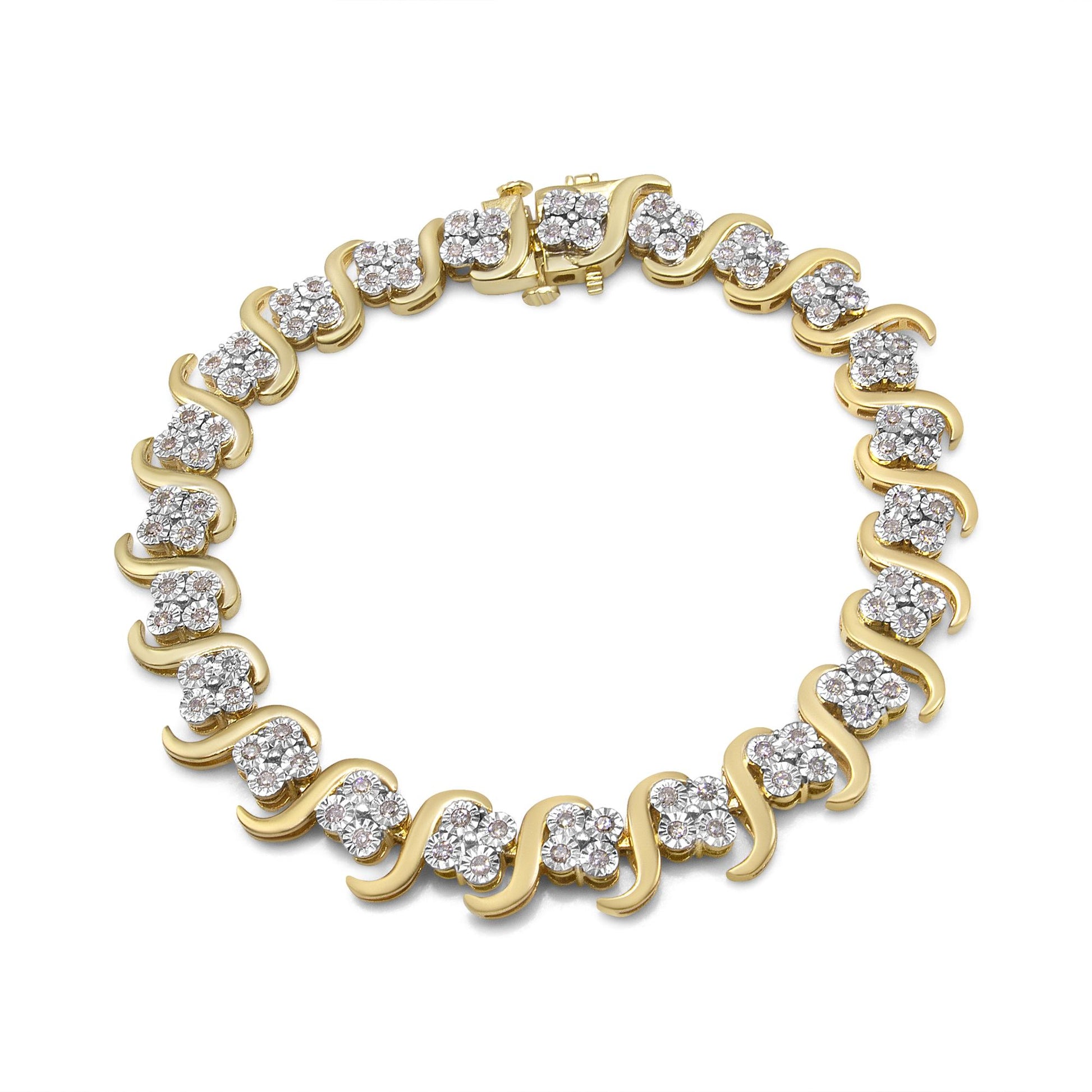 Top-down view of a yellow bracelet with alternating curved links and clusters of round white gemstones in a miracle setting.
