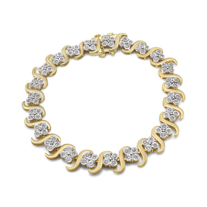 Top-down view of a yellow bracelet with alternating curved links and clusters of round white gemstones in a miracle setting.