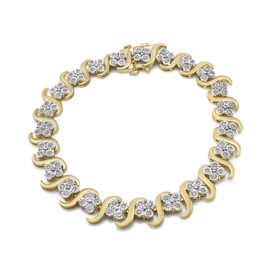 Top-down view of a yellow bracelet with alternating curved links and clusters of round white gemstones in a miracle setting.