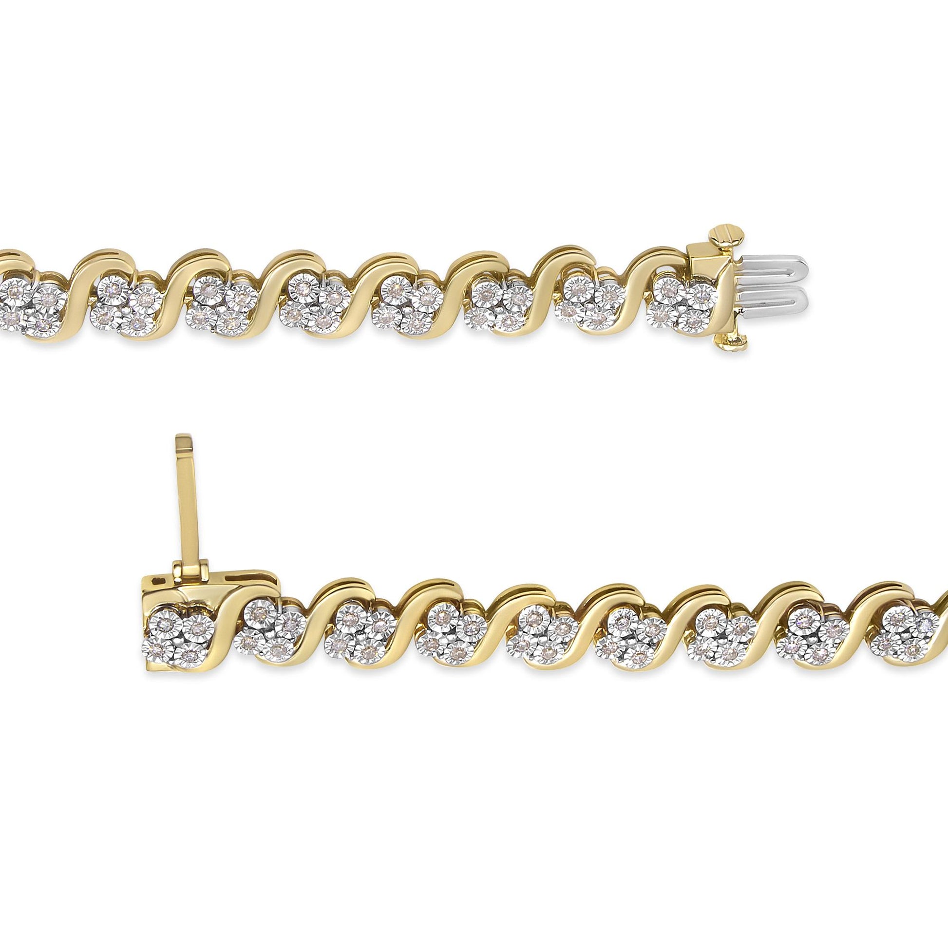 Top angle view of a yellow bracelet with linked wave-shaped segments, each featuring clusters of round white gemstones in miracle settings.