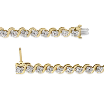 Top angle view of a yellow bracelet with linked wave-shaped segments, each featuring clusters of round white gemstones in miracle settings.