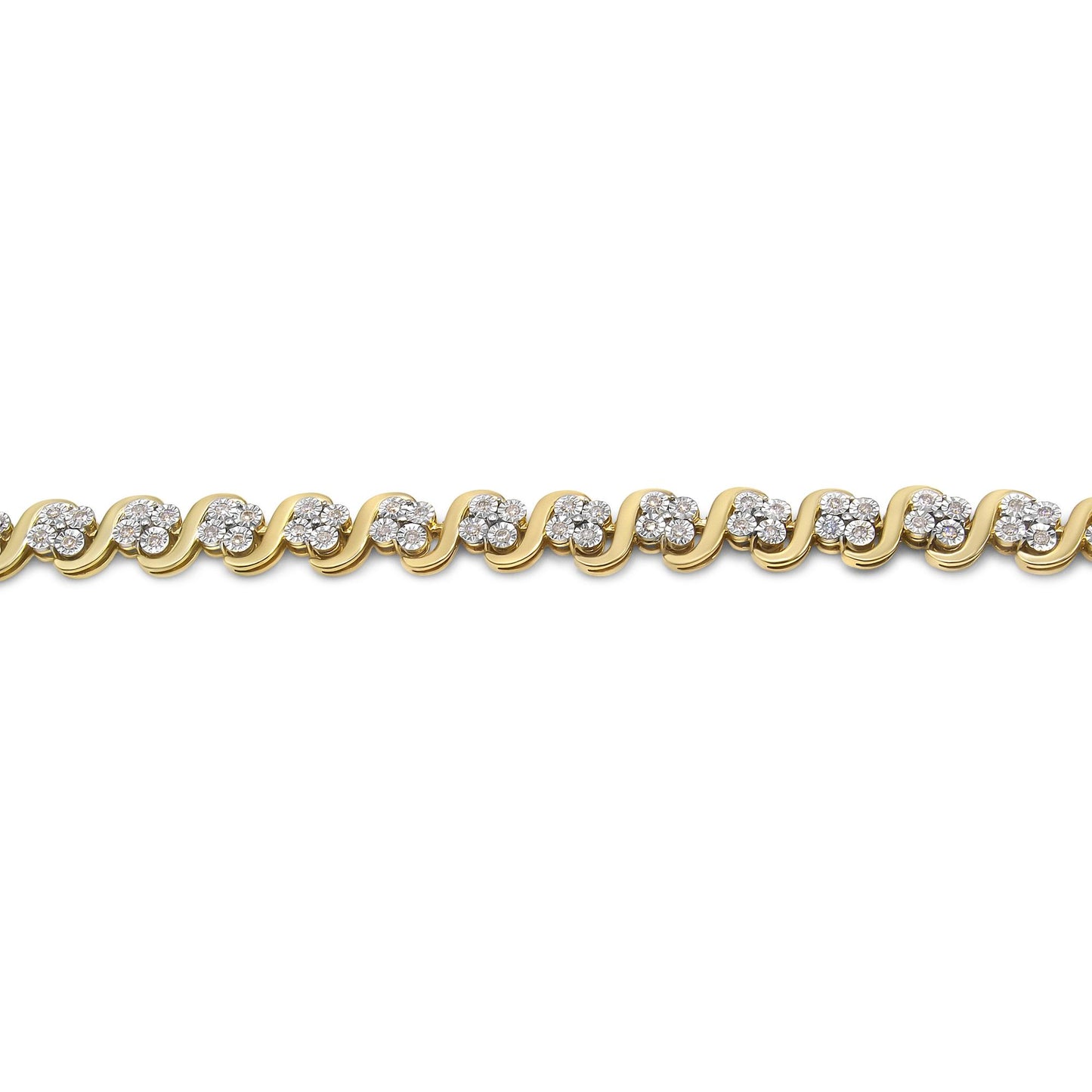 Close-up front view of a yellow bracelet featuring a repeating wave pattern, each wave set with clusters of round white gemstones in a miracle setting.