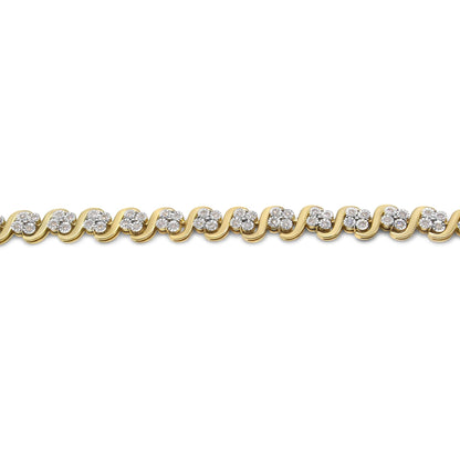 Close-up front view of a yellow bracelet featuring a repeating wave pattern, each wave set with clusters of round white gemstones in a miracle setting.