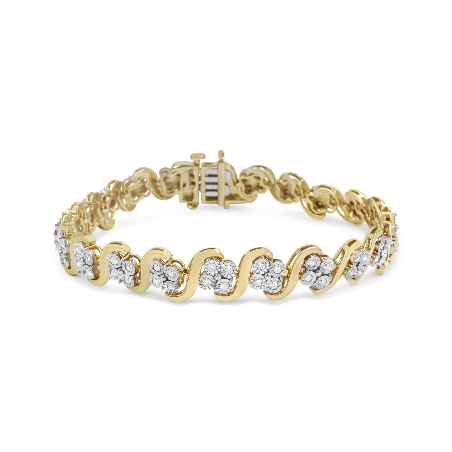 Yellow metal bracelet with alternating wave pattern and clusters of round white gemstones in a miracle setting, front angle view.