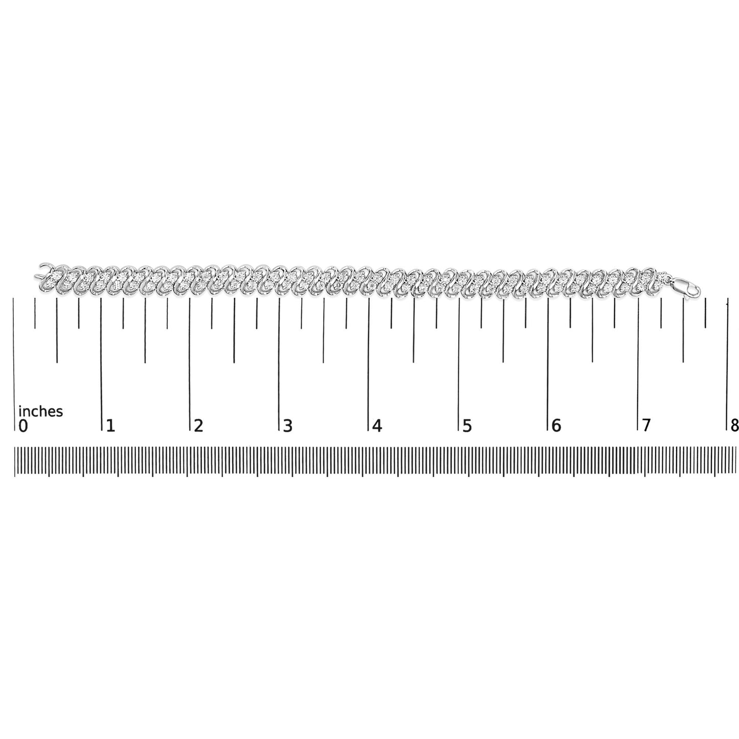 White metal bracelet with round white gemstones in miracle setting, laid flat on a ruler for size reference, top-down angle.