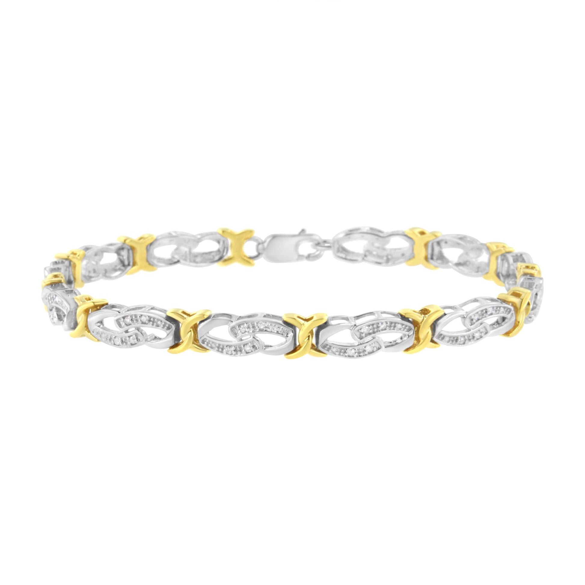 Front angle view of a two-tone bracelet with alternating yellow and white metal linked sections, featuring white round gemstones in a channel setting along the white metal links.