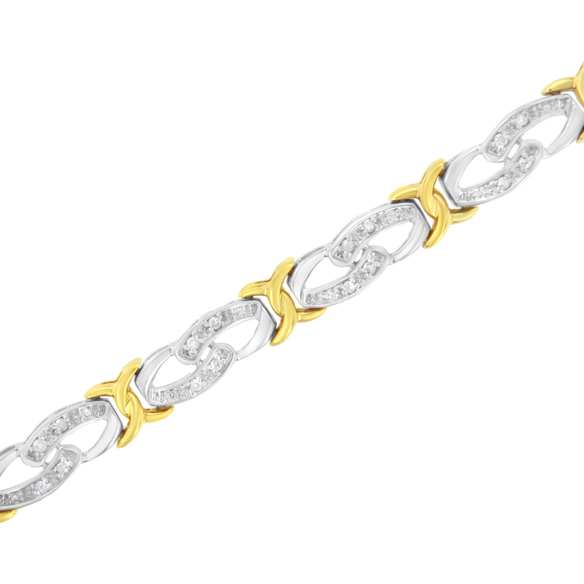 Diagonal close-up of a dual-tone bracelet featuring alternating yellow and white metal links with round white gemstones set in a channel setting on the white links.