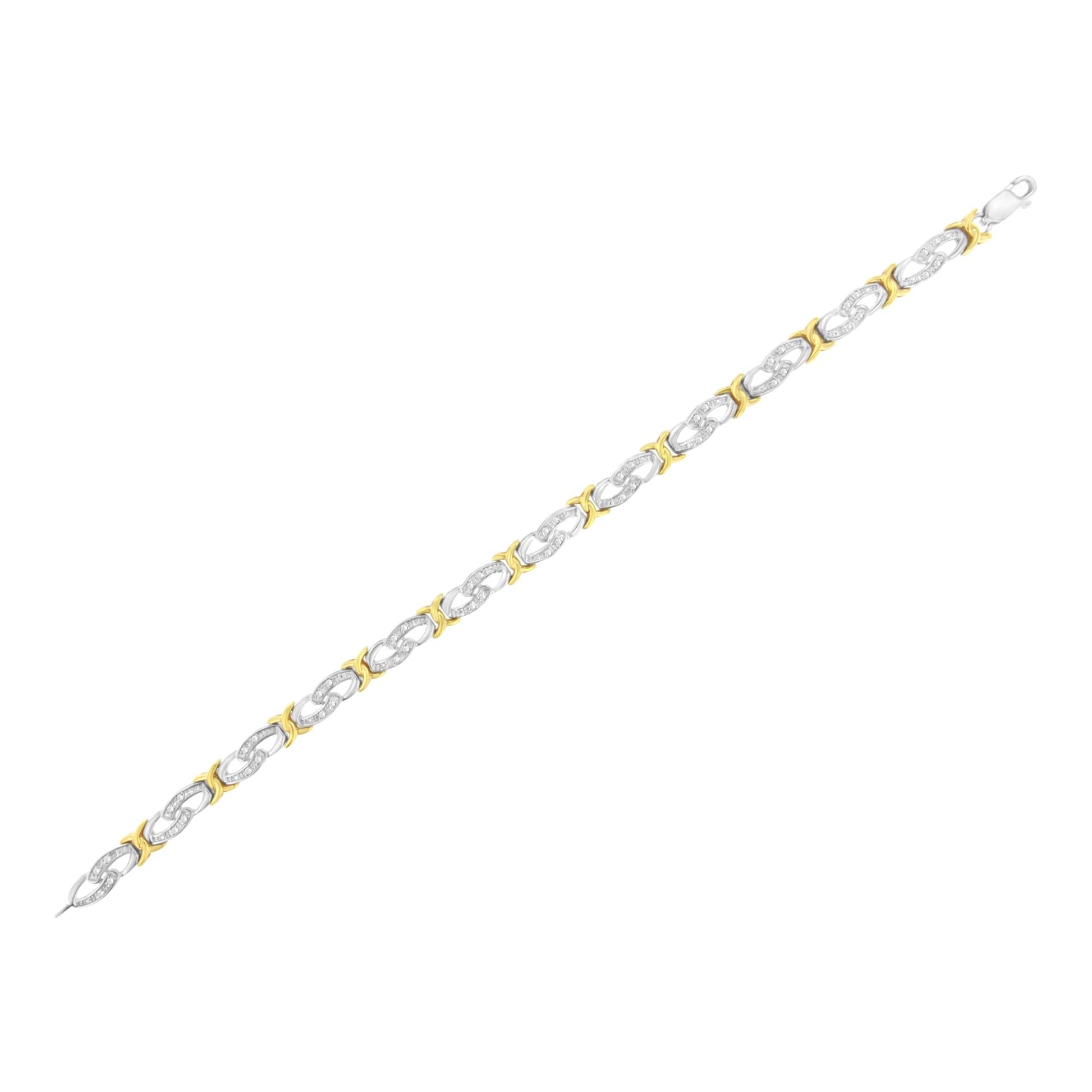 Bracelet with alternating yellow and white metal links, white round gemstones set in a channel setting on white links, shown at a slight angle.
