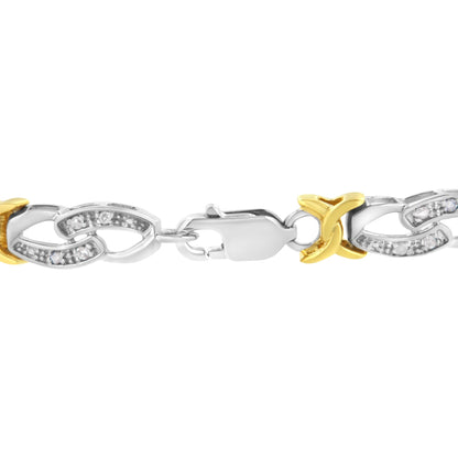 Close-up shot of a bracelet featuring alternating yellow and white metal links, some white links set with round white gemstones in a channel setting, shown from a side angle.
