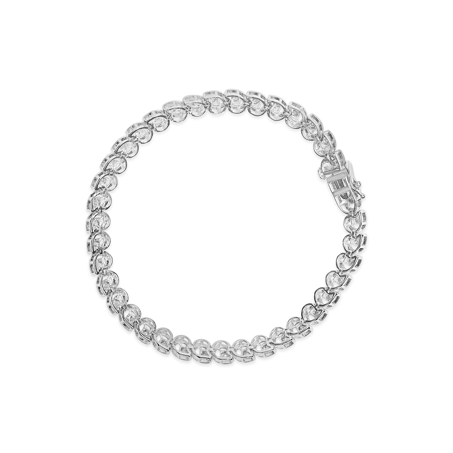 White metal bracelet with round white gemstones in miracle setting, shown from top angle on white background.