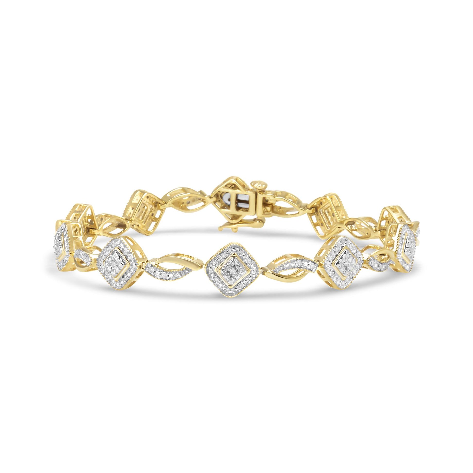 Yellow metal bracelet with alternating square and twisted links accented with white gemstones, shown in a front view.