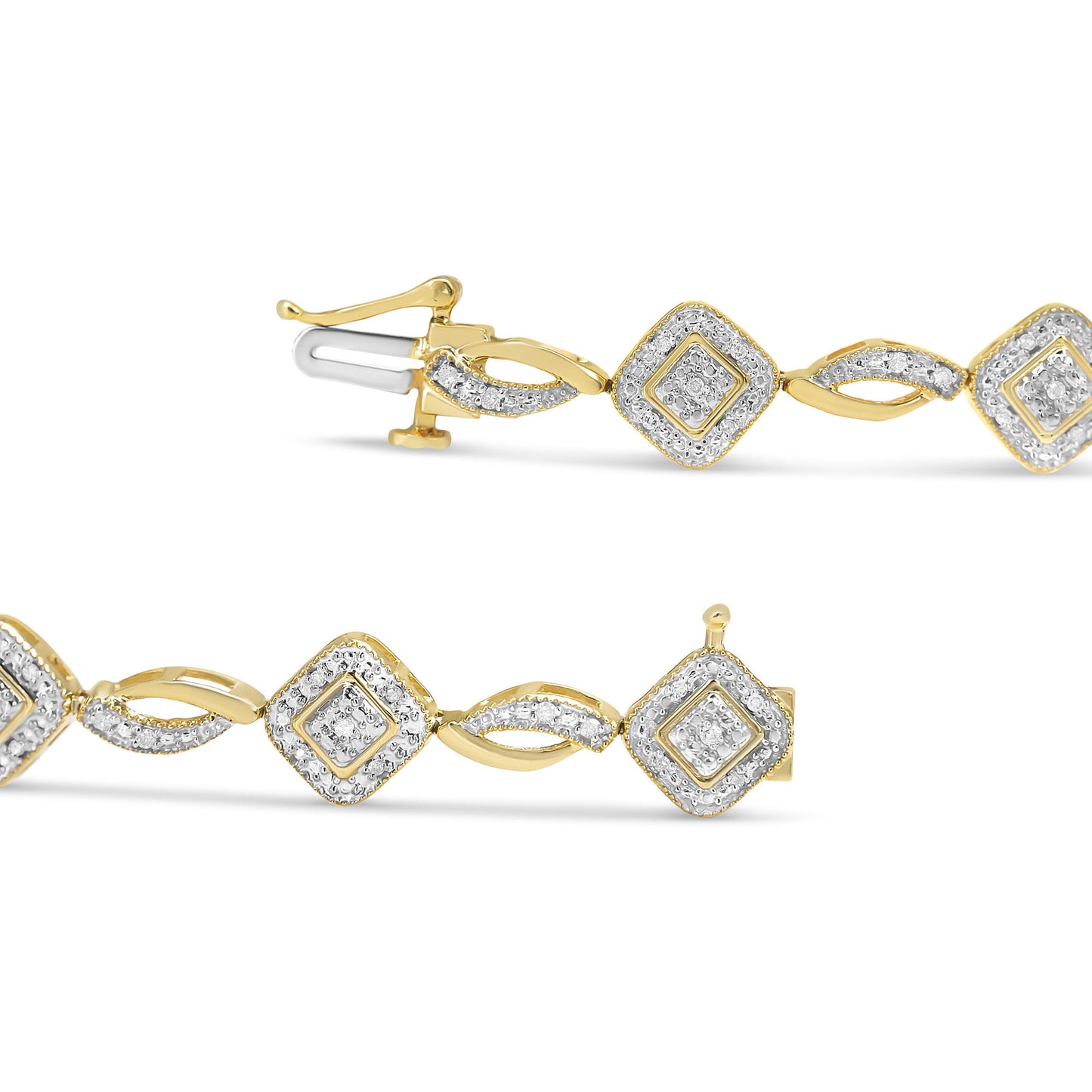 Close-up side angle of yellow metal bracelet featuring round white gemstones in prong settings arranged in square and twisted link patterns.