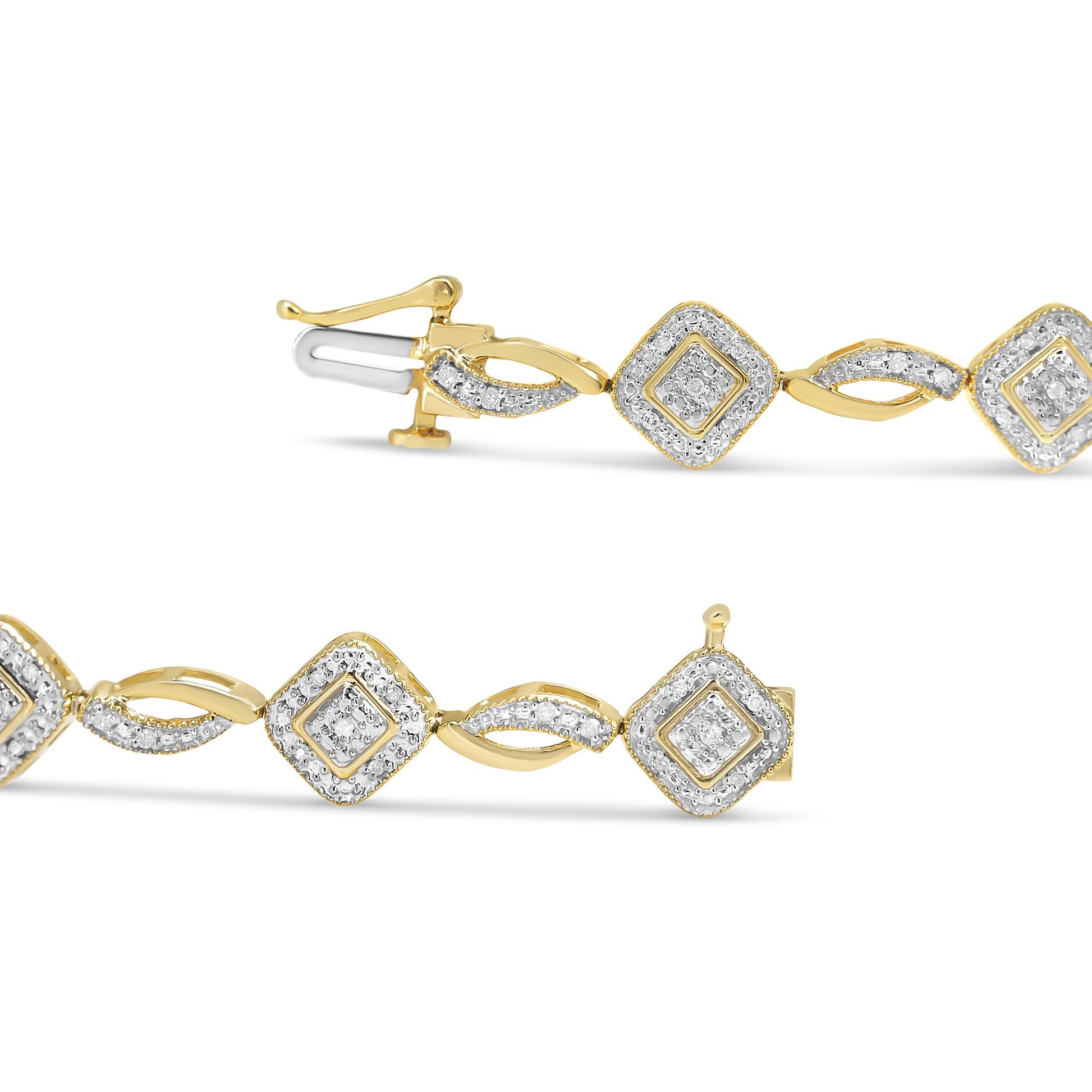 Close-up side angle of yellow metal bracelet featuring round white gemstones in prong settings arranged in square and twisted link patterns.
