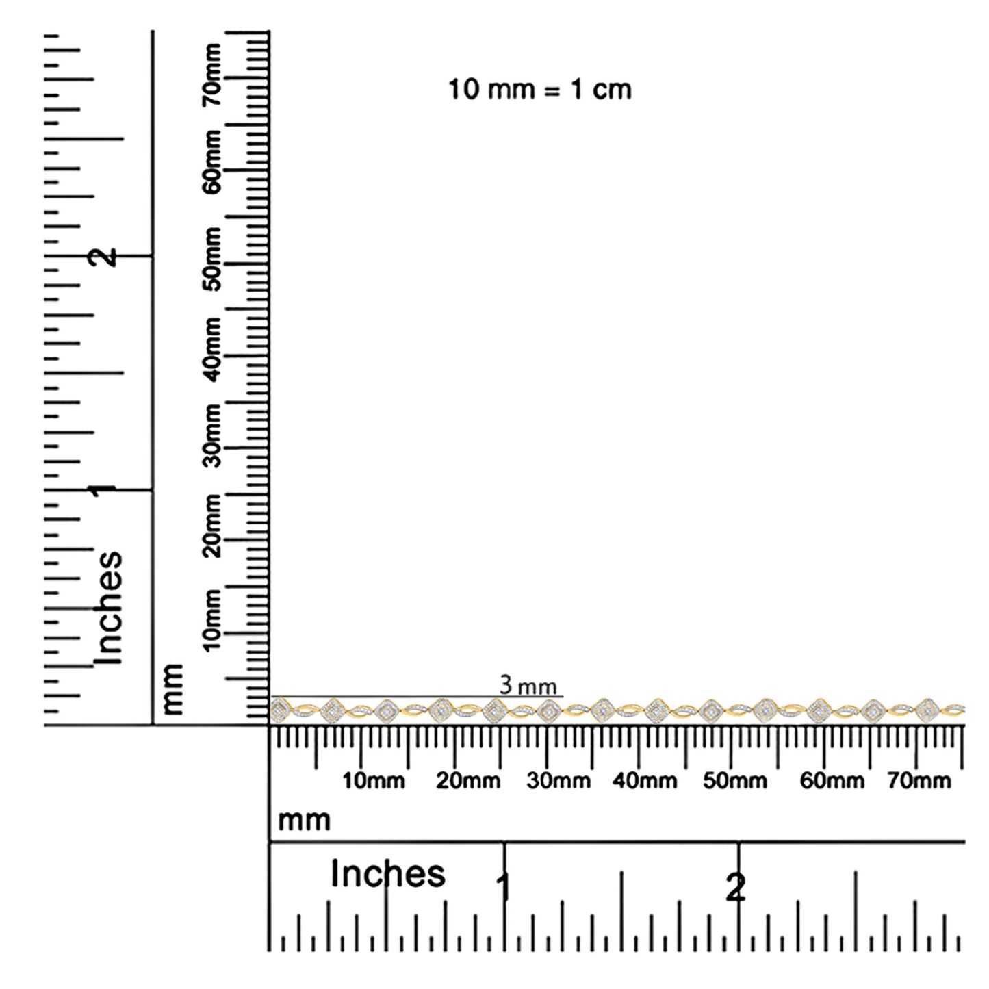 Yellow metal bracelet with small square settings featuring white gemstones in prong settings, shown flat on a ruler for size reference from a top-down angle.