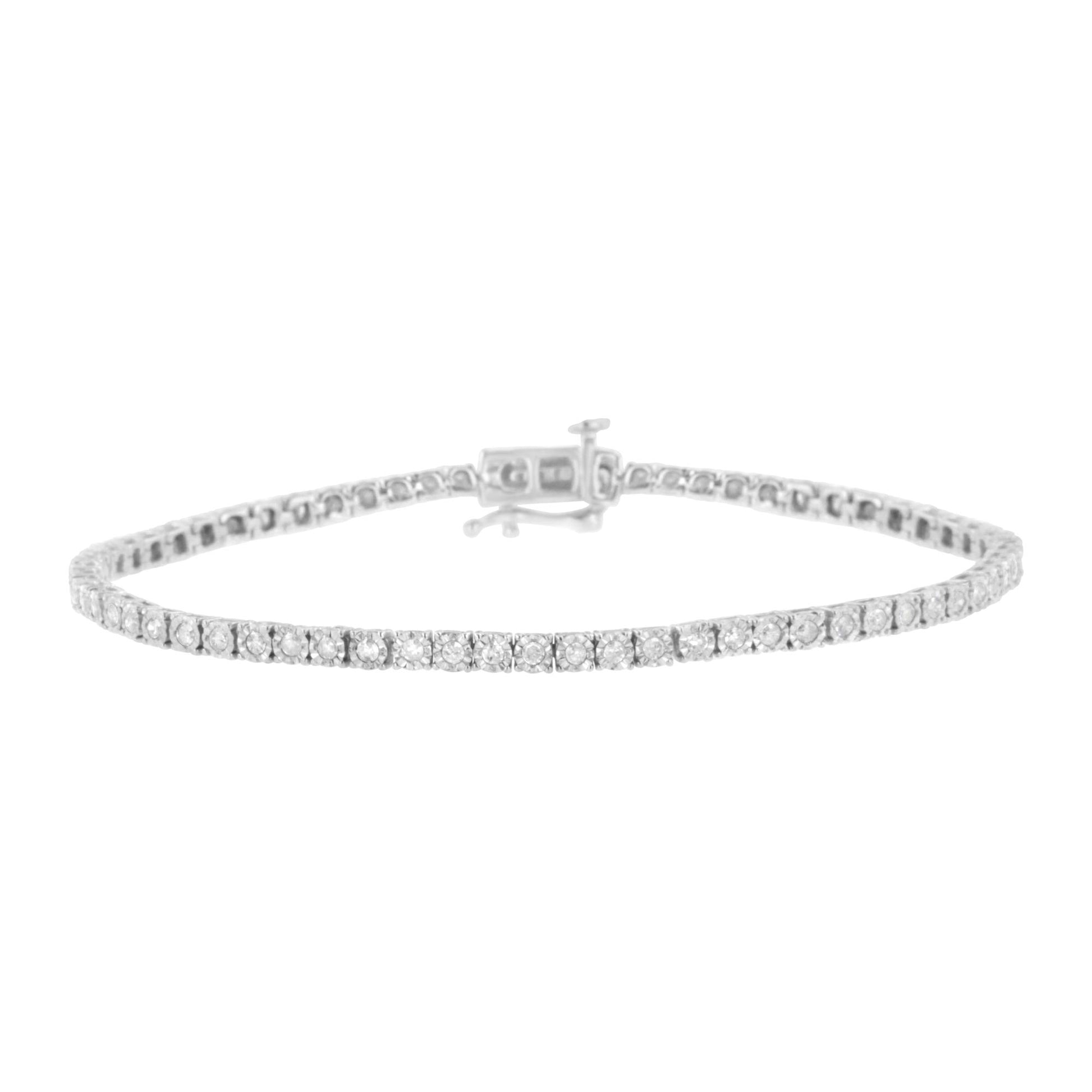 White metal bracelet with round white gemstones in miracle setting, shown from a front angle.