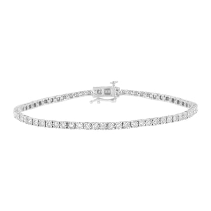 White metal bracelet with round white gemstones in miracle setting, shown from a front angle.