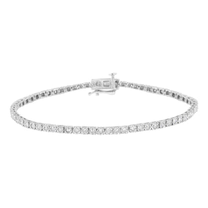 White metal bracelet with round white gemstones in miracle setting, shown in a front-facing close-up angle.