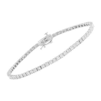 White metal bracelet with round white gemstones in miracle setting, shown at an angled close-up.