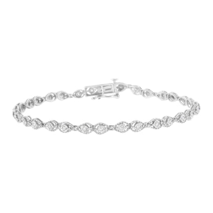 White metal bracelet with round white gemstones in a miracle setting, shown from a front angle.