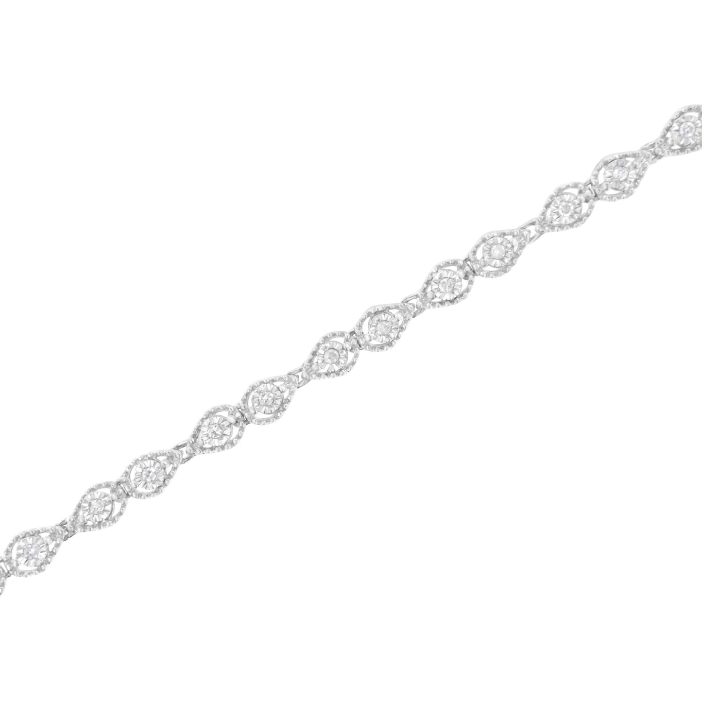 White metal bracelet with alternating round white gemstones in miracle settings forming an intertwined pattern, shown in a diagonal top-down view.