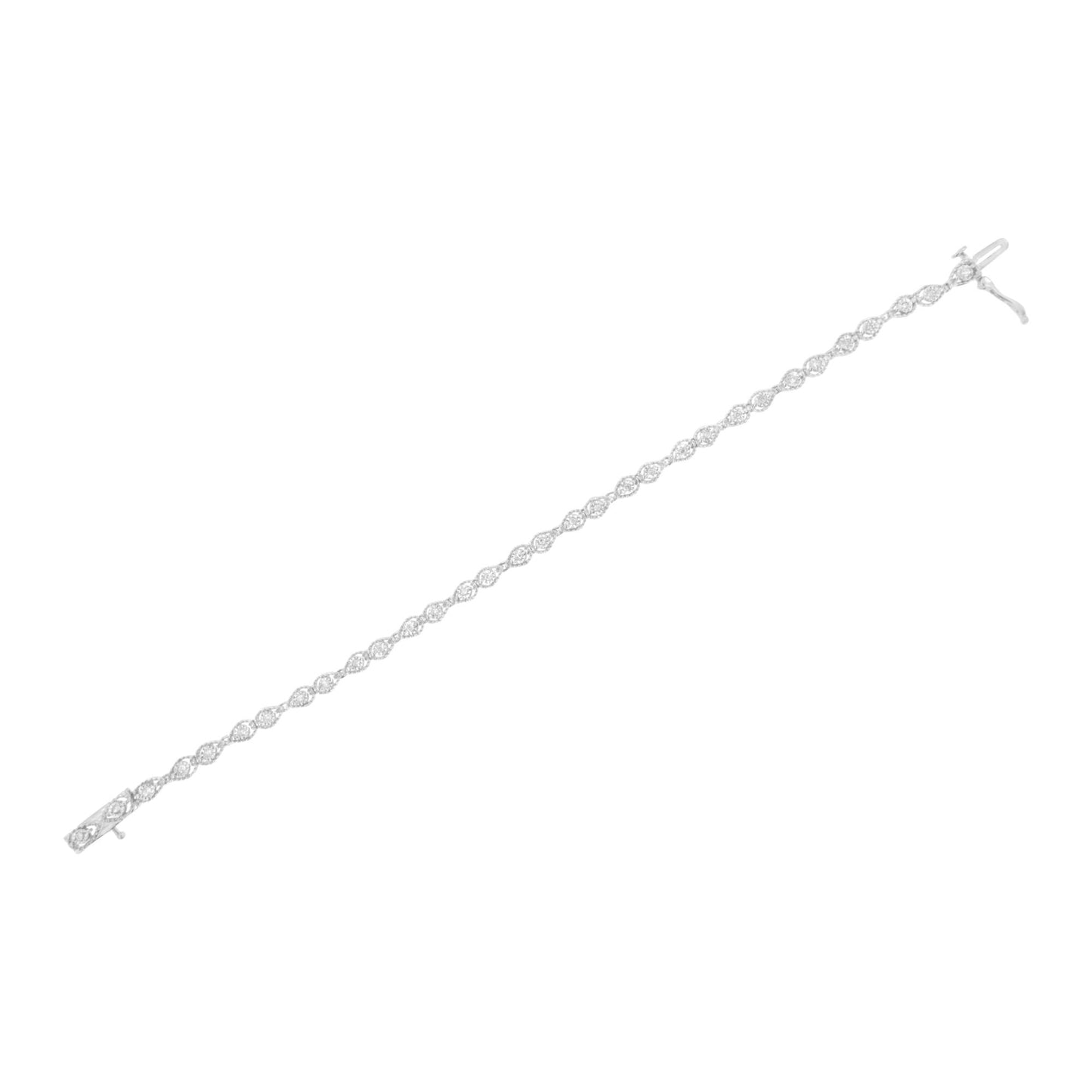 White bracelet with two rows of round white gemstones in miracle settings, shown in a flat lay close-up angled view.