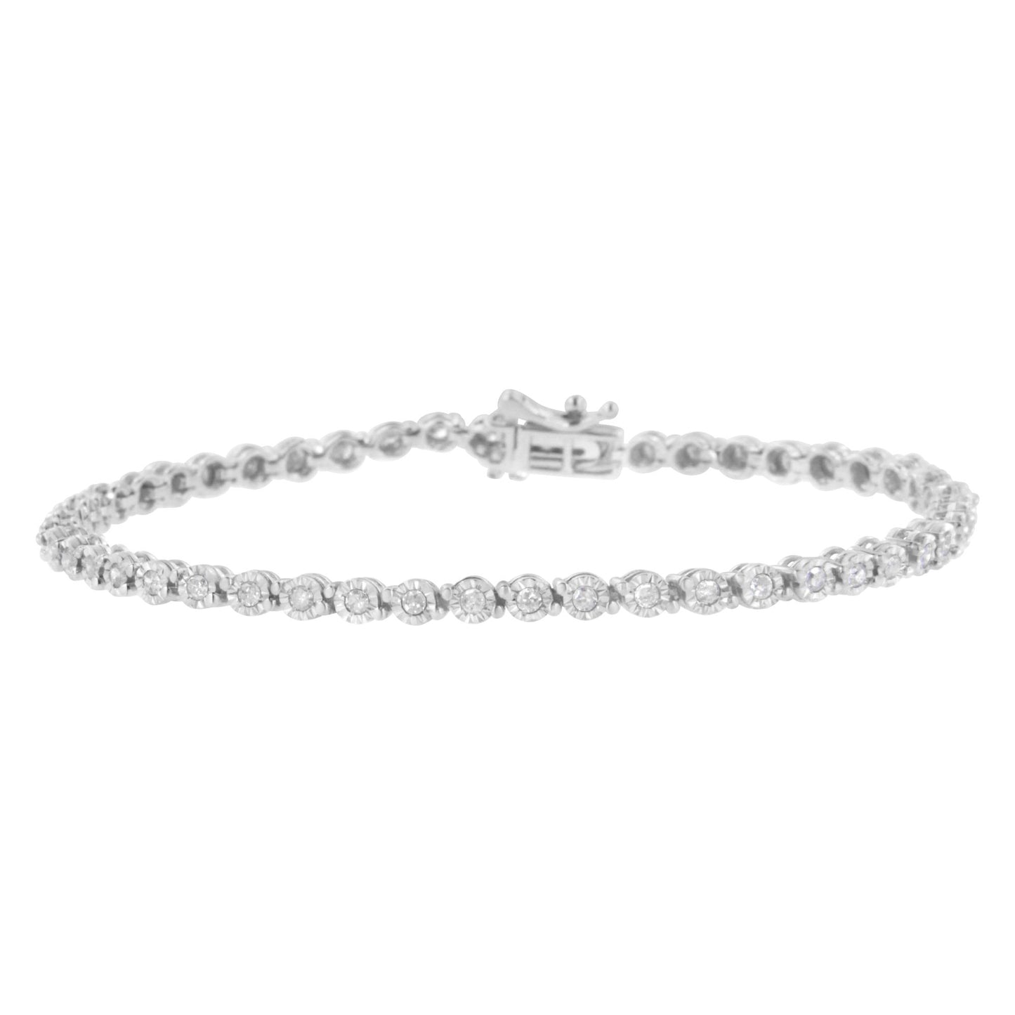 White metal bracelet with round white gemstones in miracle setting, shown from a front angle.