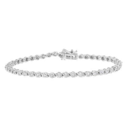 White metal bracelet with round white gemstones in miracle setting, shown from a front angle.