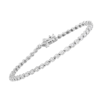White metal bracelet with round white gemstones in miracle setting, shown at a slight angle.