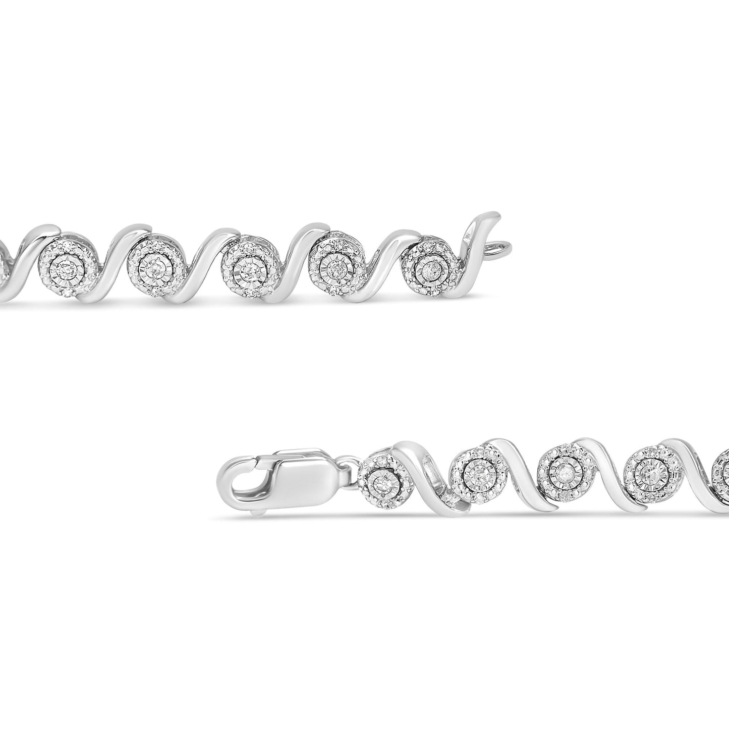 Close-up front angle of a white metal bracelet featuring a wave design with round white gemstones in miracle settings, showing the clasp on a white background.