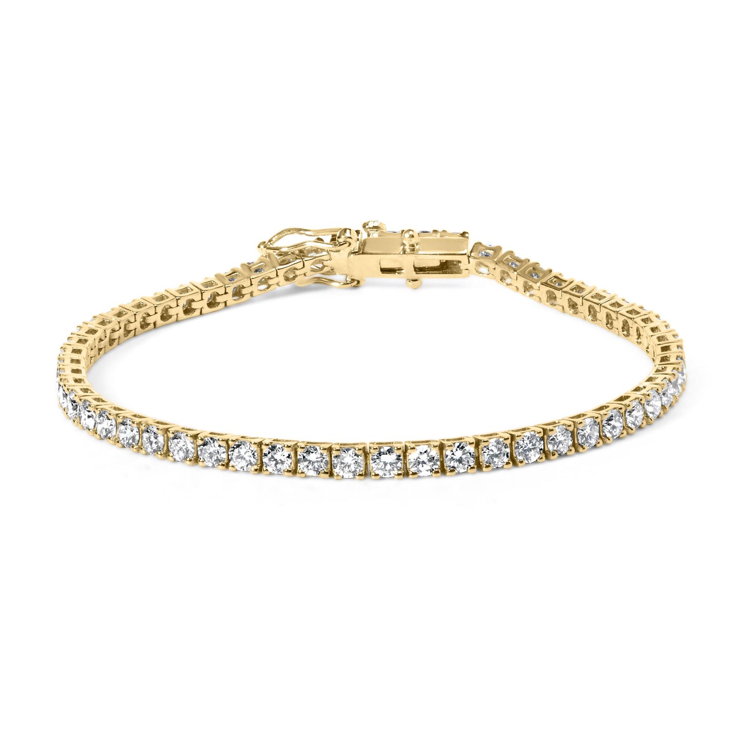 Yellow metal bracelet with round white gemstones in 4-prong settings, shown from a front angle.