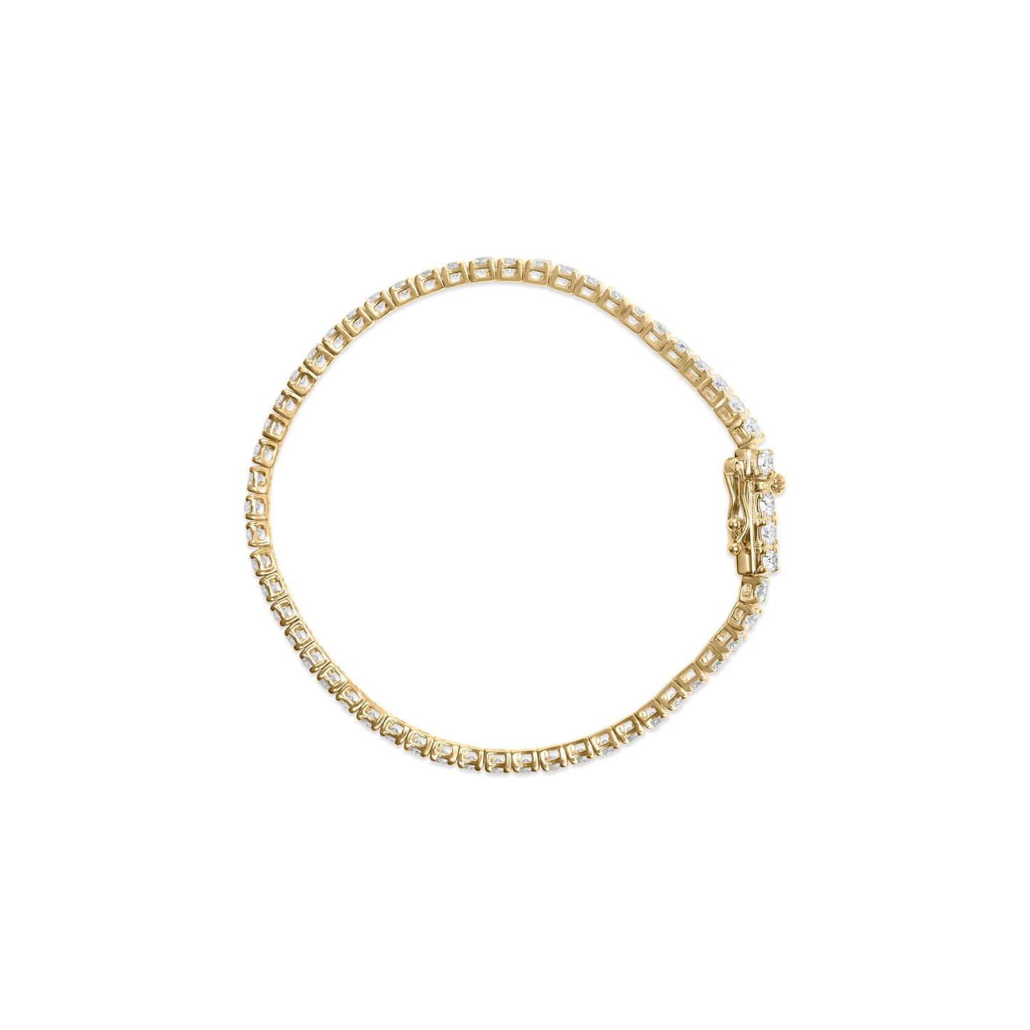 Yellow metal bracelet with white round gemstones set in 4-prong settings, shown from top angle on a white background.