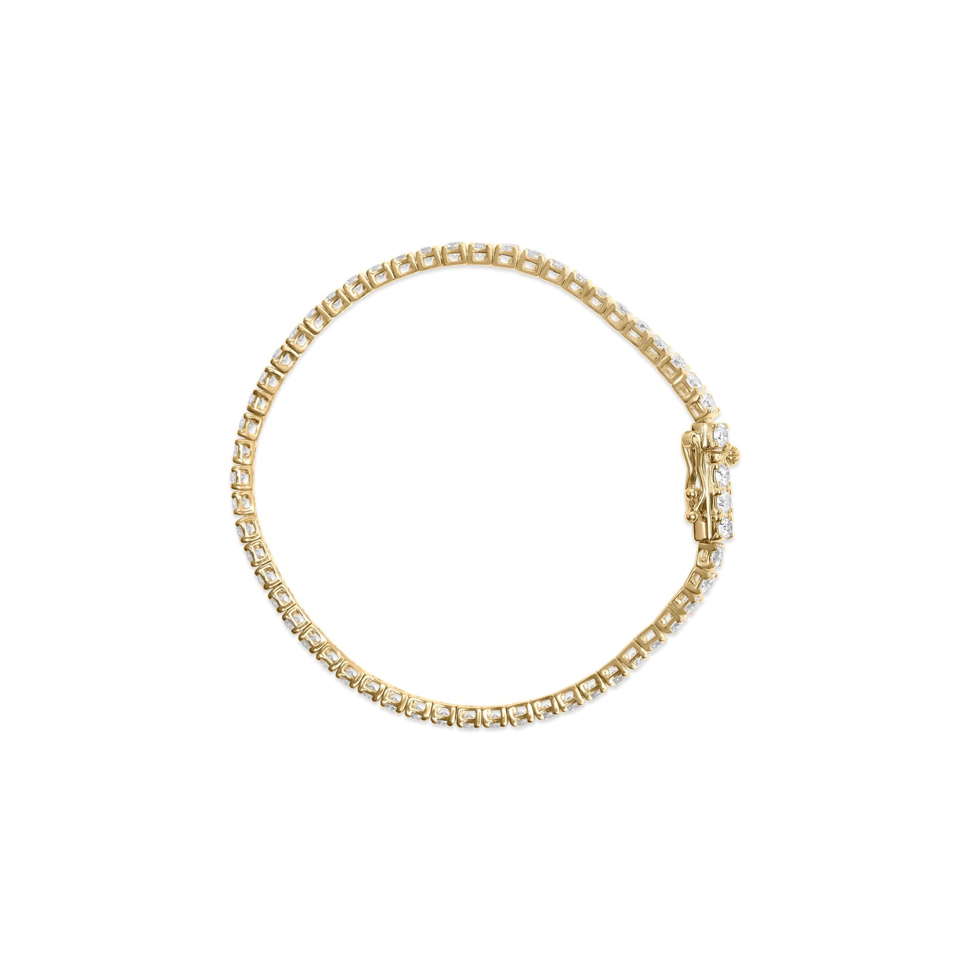 Yellow metal bracelet with white round gemstones set in 4-prong settings, shown from top angle on a white background.