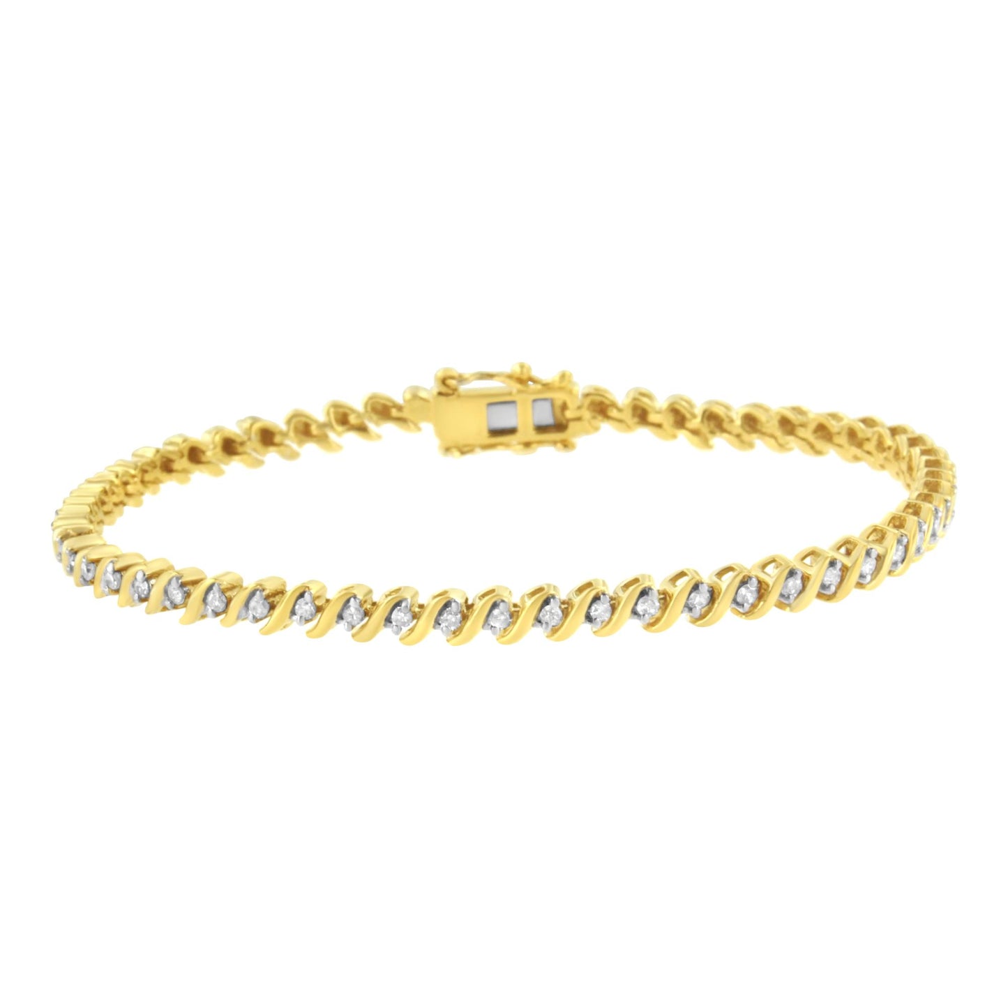 Yellow metal bracelet with round white gemstones set in a twist pattern, shown from a front angle.