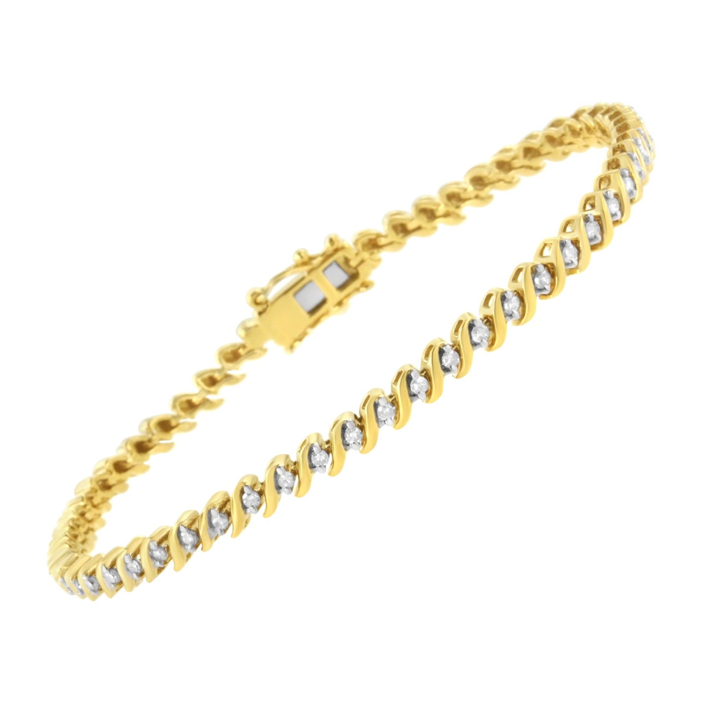 Yellow metal bracelet with round white gemstones in 2-prong settings, shown at an angled close-up.
