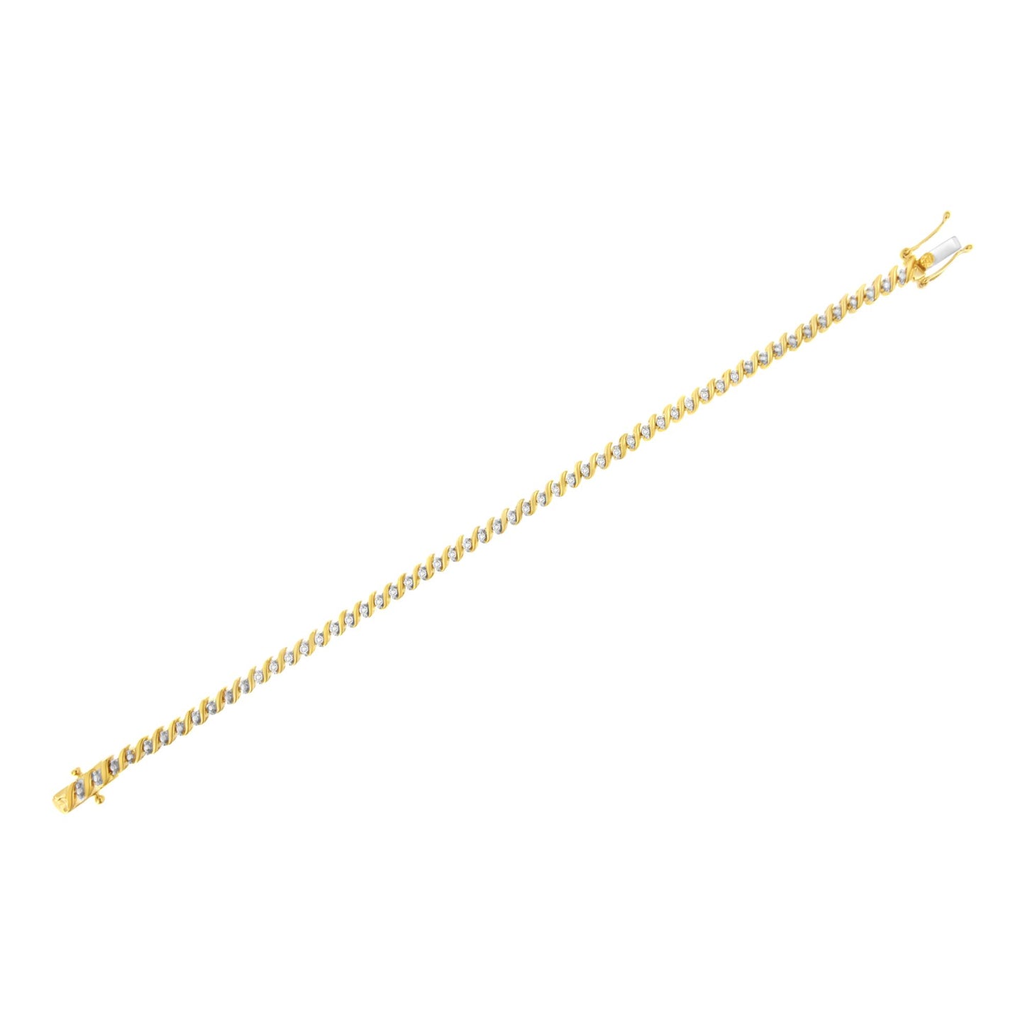 Yellow metal bracelet with white round gemstones in 2-prong settings, shown from a top diagonal angle.