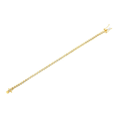 Yellow metal bracelet with white round gemstones in 2-prong settings, shown from a top diagonal angle.